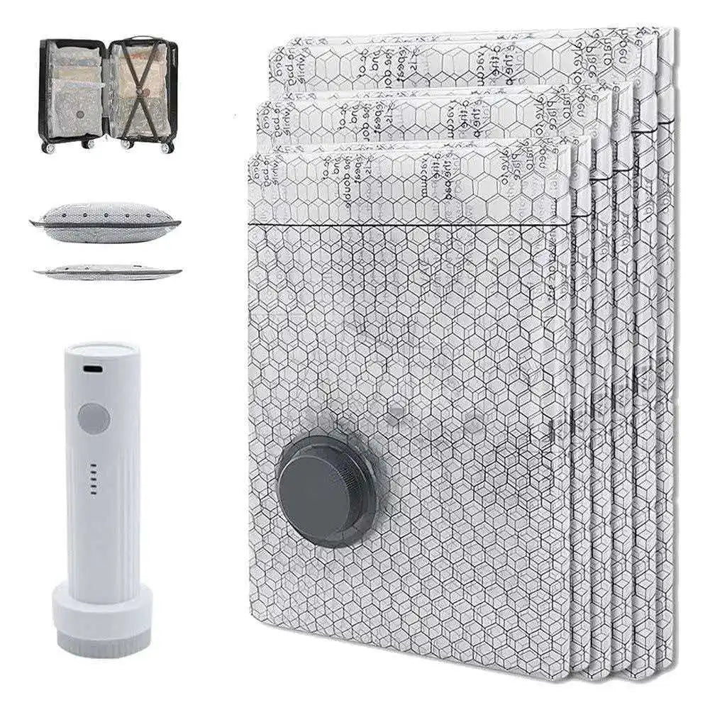 Cordless Compression Travel Vacuum Set 6 Pack Vacuum Bags With Rechargeable Air Pump For Clothes Blankets Down Jackets Luggage