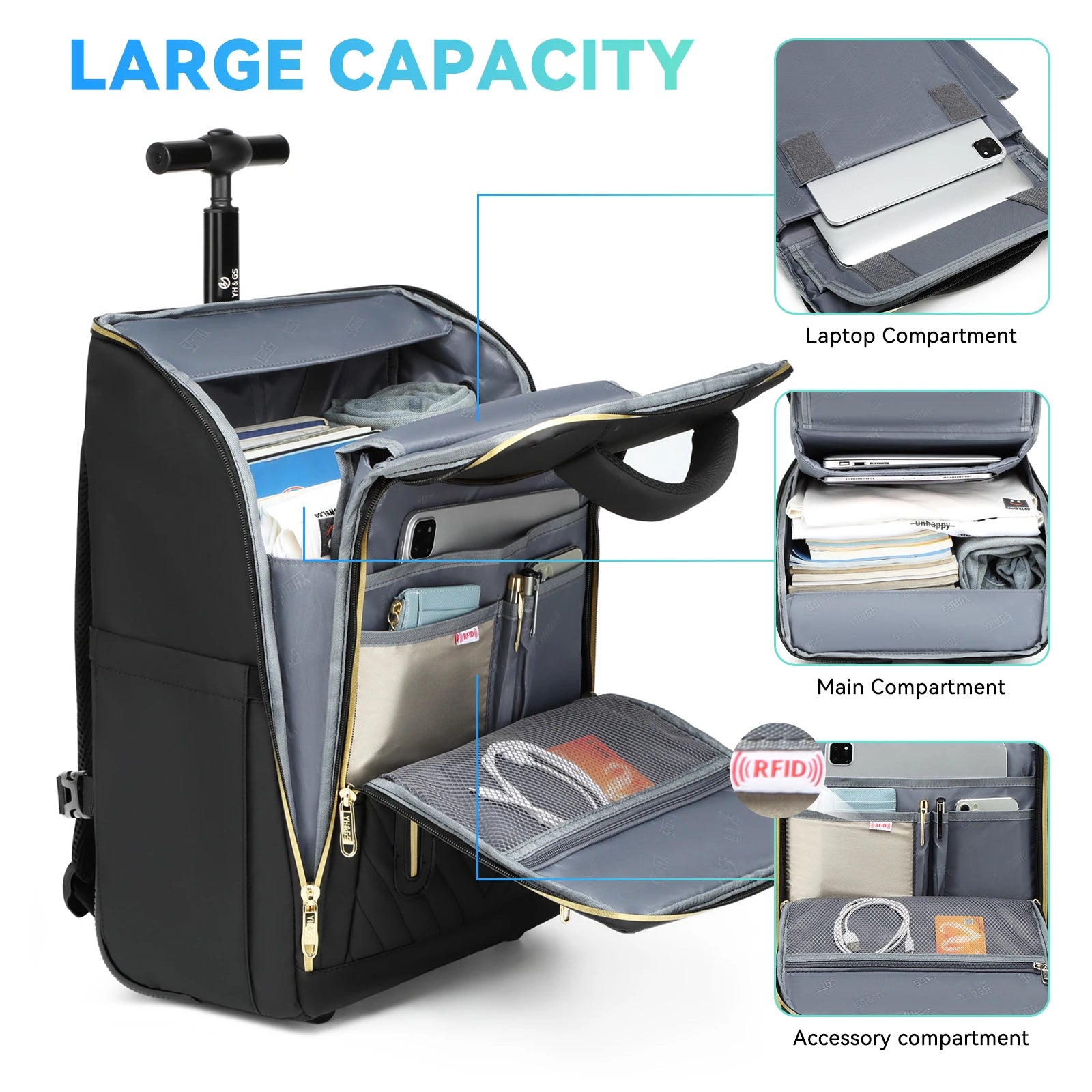 Travel Trolley Rolling backpacks for Man Wheeled backpack On Wheels luggage Rolling Bag for Boardable 15.6in Laptop Bag with USB