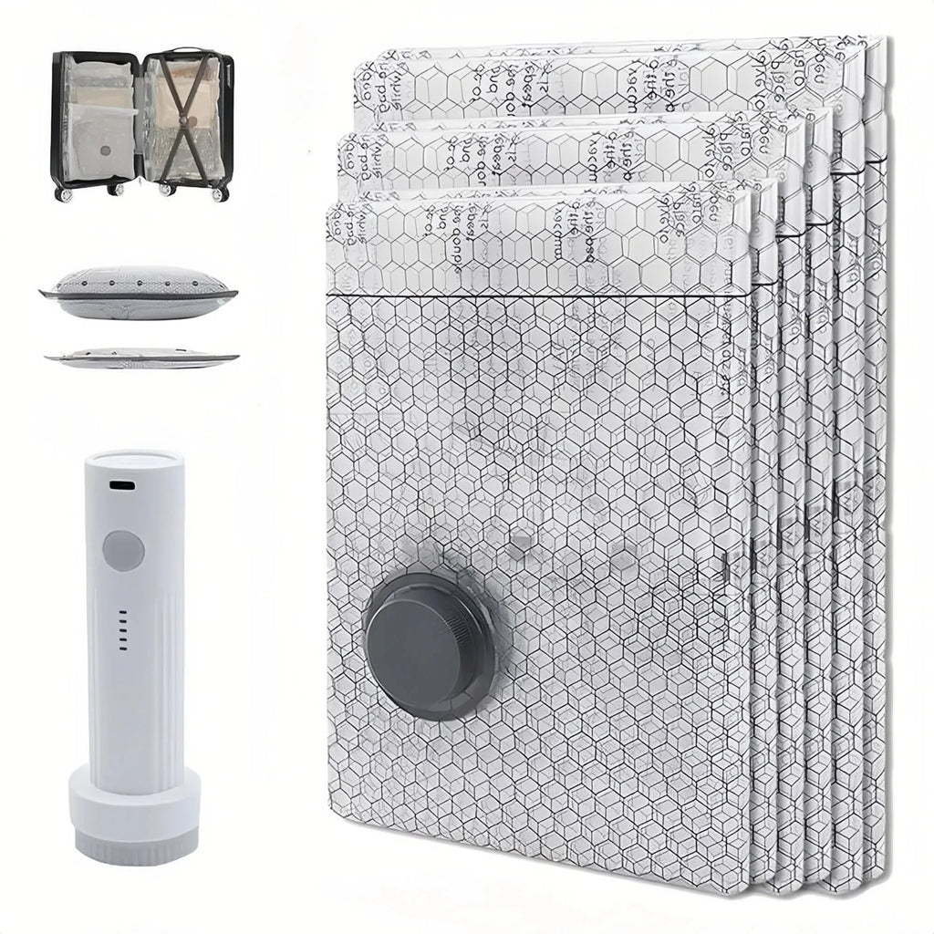 Cordless Compression Travel Vacuum Set 6 Pack Vacuum Bags With Rechargeable Air Pump For Clothes Blankets Down Jackets Luggage