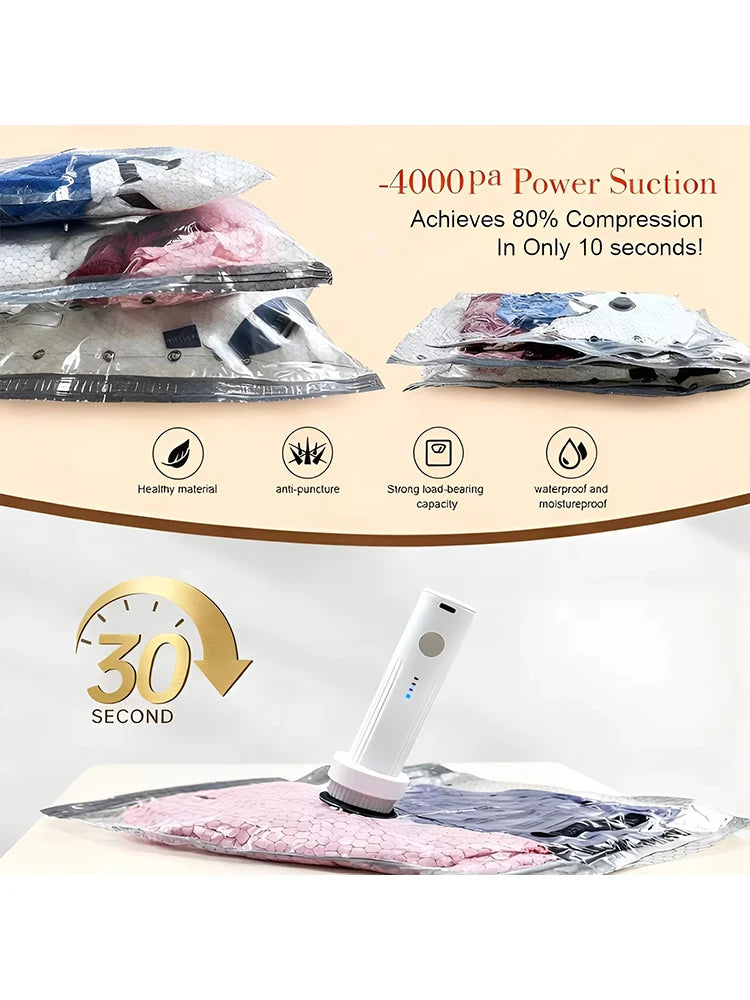 Cordless Compression Travel Vacuum Set 6 Pack Vacuum Bags With Rechargeable Air Pump For Clothes Blankets Down Jackets Luggage